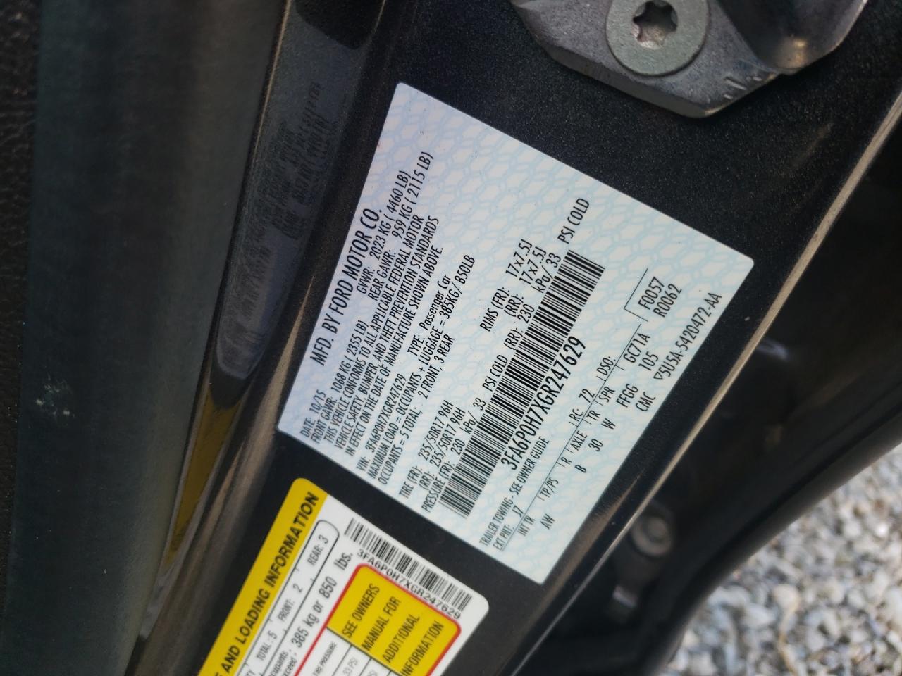 Photo 10 from auction – 2016 FORD FUSION SE with VIN 3FA6P0H7XGR247629