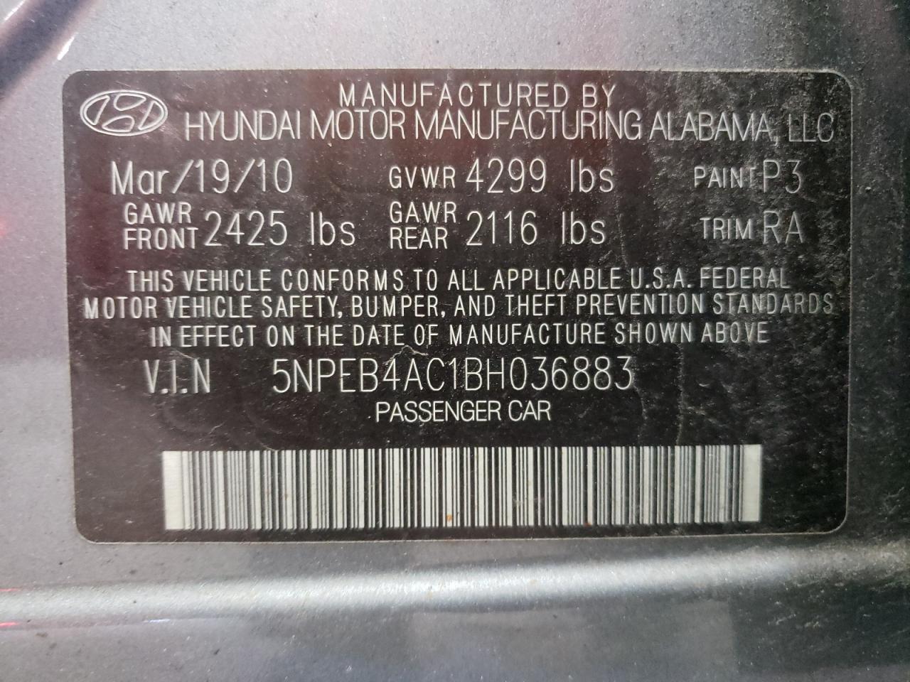 Photo 10 from auction – 2011 HYUNDAI SONATA GLS with VIN 5NPEB4AC1BH036883