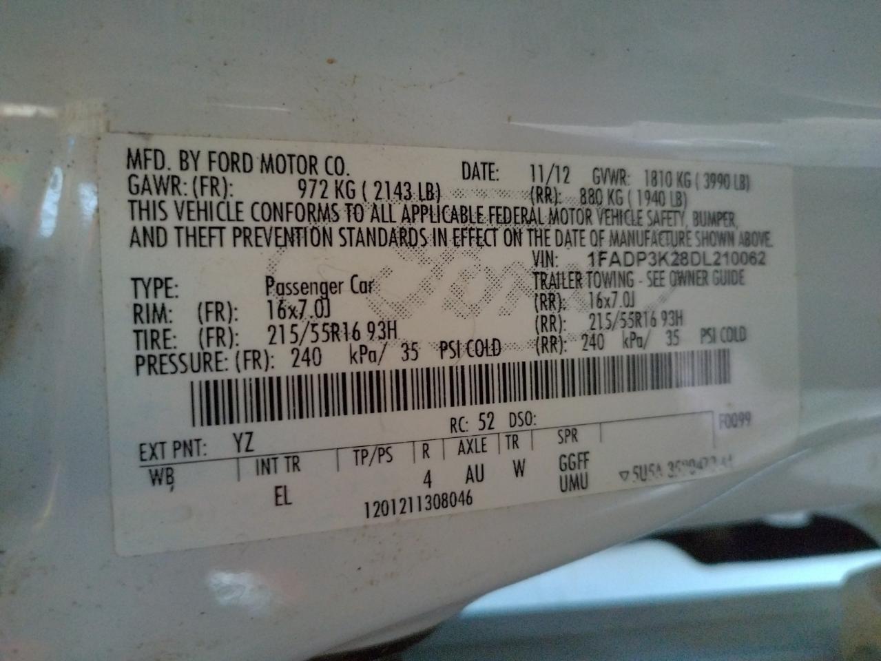 Photo 10 from auction – 2013 FORD FOCUS SE with VIN 1FADP3K28DL210062