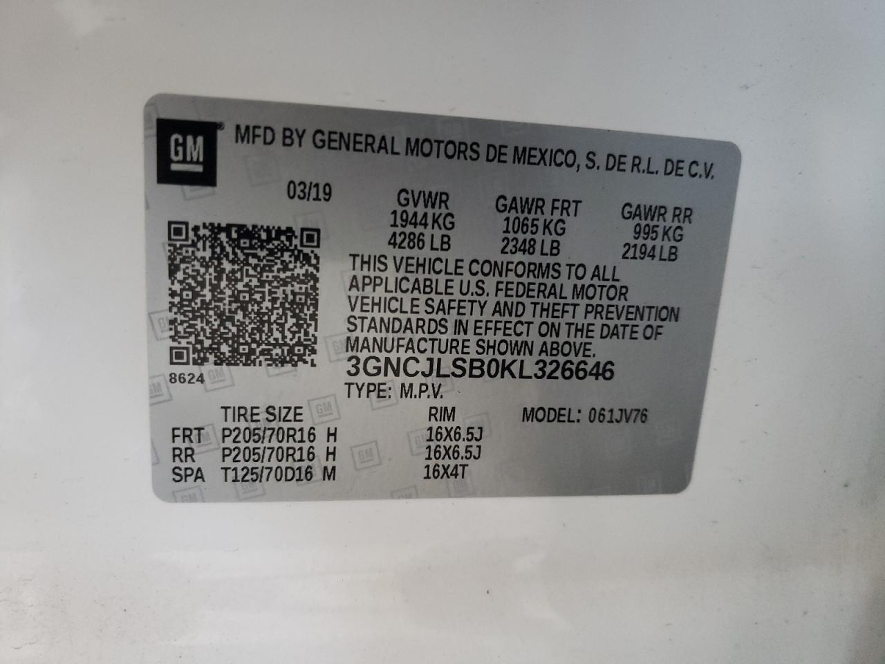 Photo 10 from auction – 2019 CHEVROLET TRAX 1LT with VIN 3GNCJLSB0KL326646