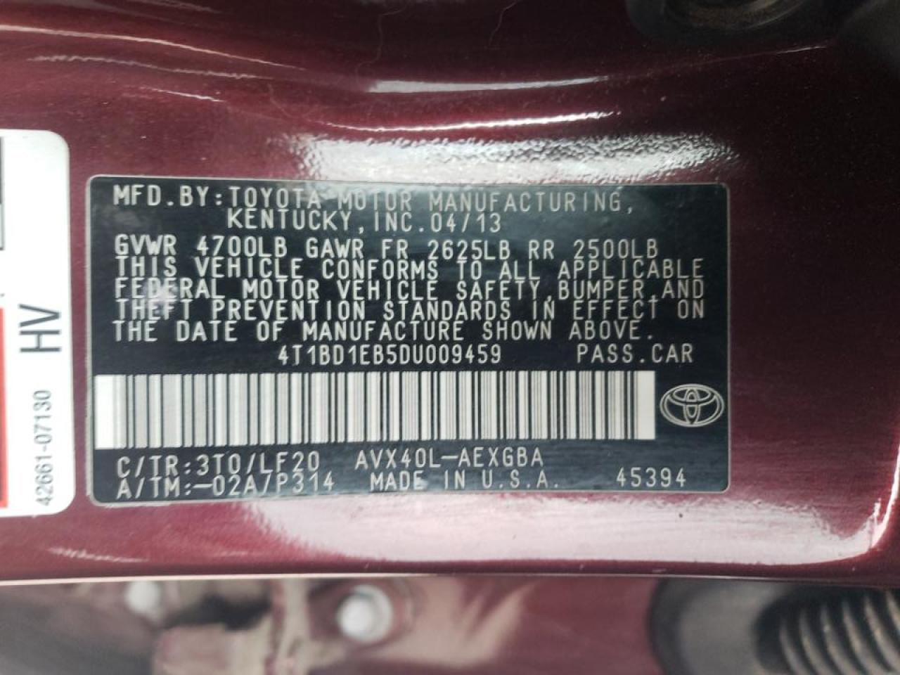 Photo 10 from auction – 2013 TOYOTA AVALON HYB with VIN 4T1BD1EB5DU009459