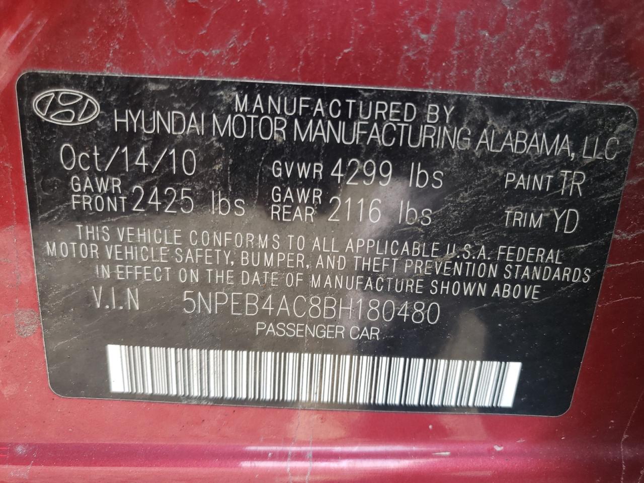 Photo 10 from auction – 2011 HYUNDAI SONATA GLS with VIN 5NPEB4AC8BH180480