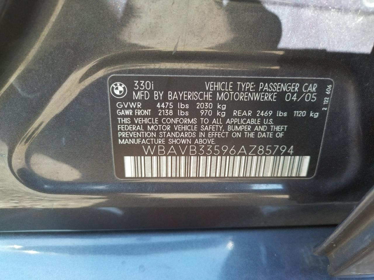 Photo 10 from auction – 2006 BMW 330 I with VIN WBAVB33596AZ85794