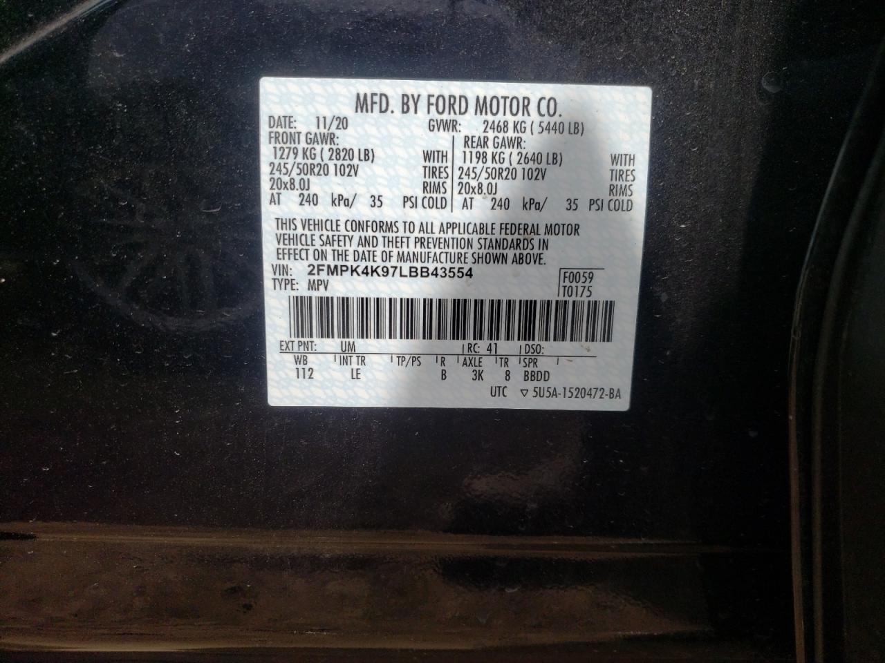 Photo 10 from auction – 2020 FORD EDGE TITAN with VIN 2FMPK4K97LBB43554