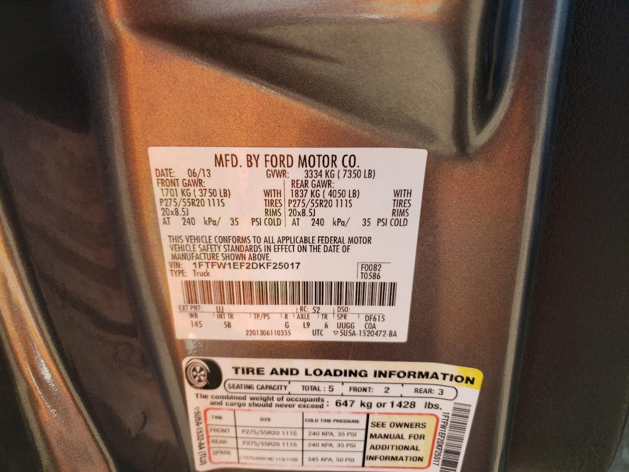 Photo 10 from auction – 2013 FORD F150 SUPER with VIN 1FTFW1EF2DKF25017