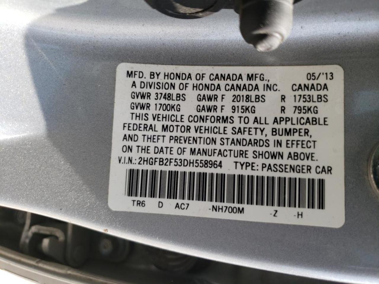 Photo 10 from auction – 2013 HONDA CIVIC LX with VIN 2HGFB2F53DH558964