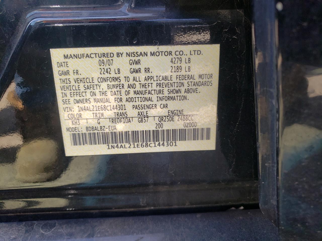 Photo 10 from auction – 2008 NISSAN ALTIMA 2.5 with VIN 1N4AL21E68C144301