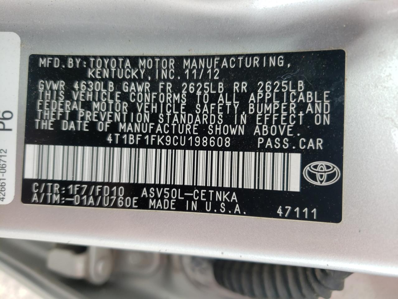 Photo 10 from auction – 2012 TOYOTA CAMRY BASE with VIN 4T1BF1FK9CU198608
