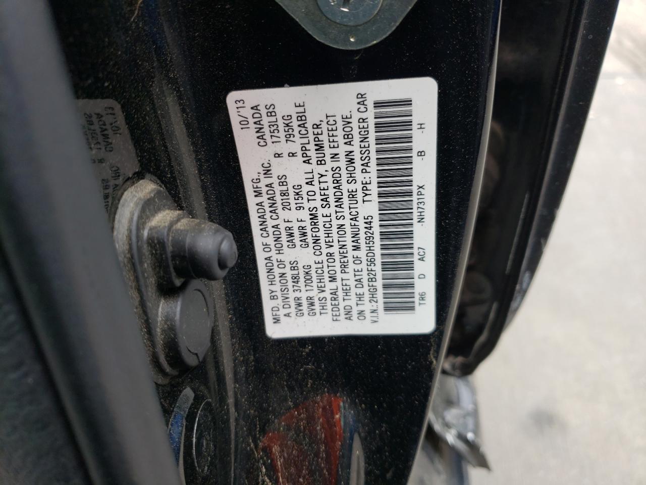 Photo 10 from auction – 2013 HONDA CIVIC LX with VIN 2HGFB2F56DH592445