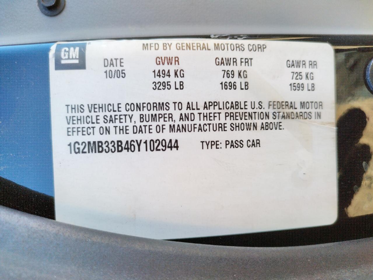 Photo 10 from auction – 2006 PONTIAC SOLSTICE with VIN 1G2MB33B46Y102944