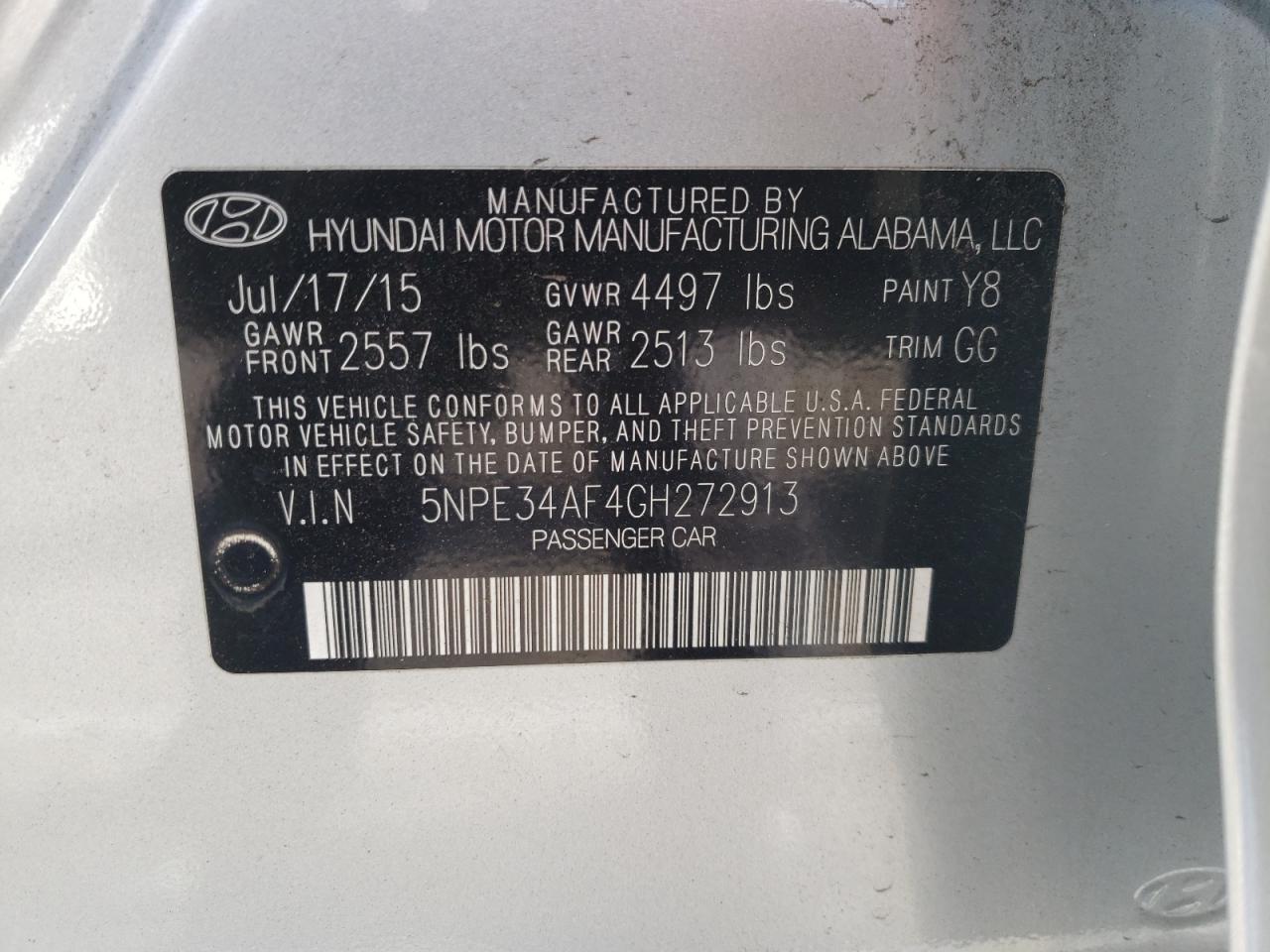 Photo 10 from auction – 2016 HYUNDAI SONATA SPO with VIN 5NPE34AF4GH272913