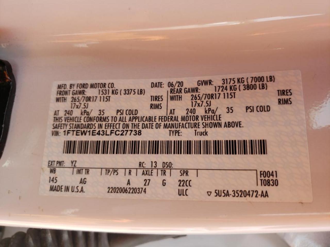 Photo 10 from auction – 2020 FORD F150 SUPER with VIN 1FTEW1E43LFC27738