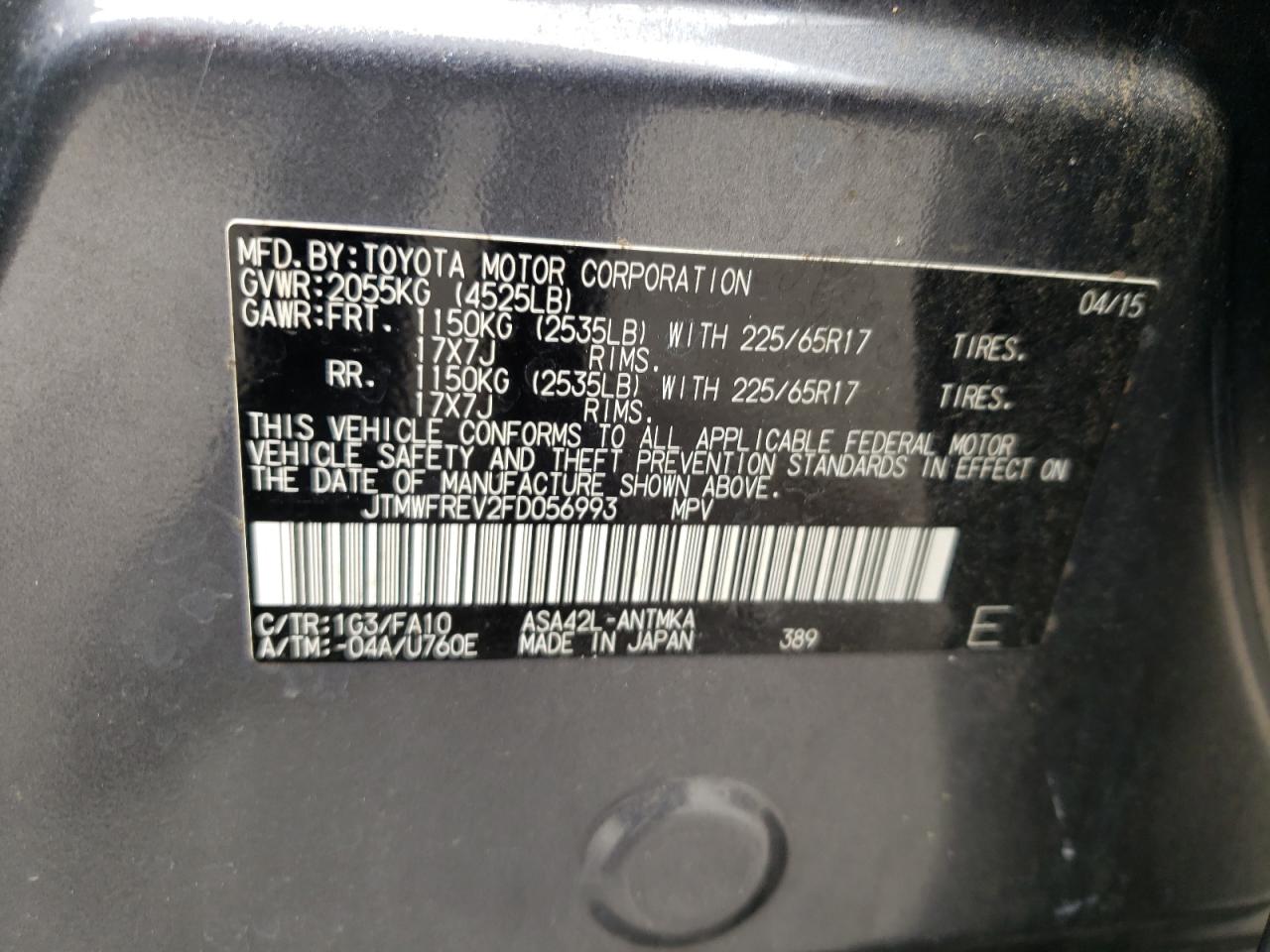 Photo 10 from auction – 2015 TOYOTA RAV4 XLE with VIN JTMWFREV2FD056993