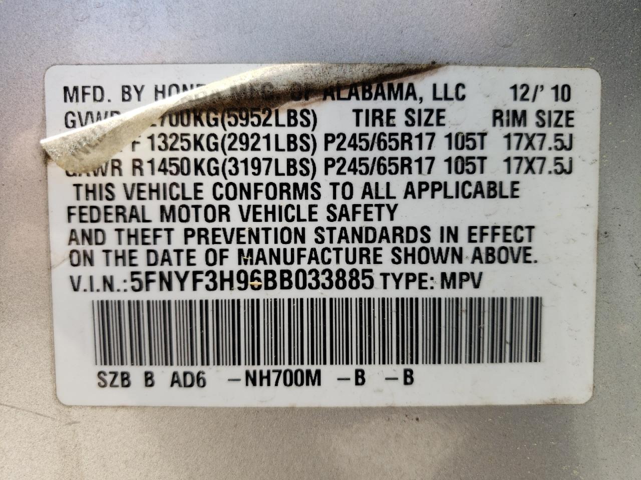 Photo 10 from auction – 2011 HONDA PILOT TOUR with VIN 5FNYF3H96BB033885