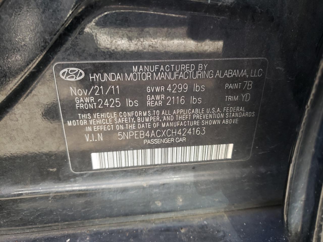 Photo 10 from auction – 2012 HYUNDAI SONATA GLS with VIN 5NPEB4ACXCH424163