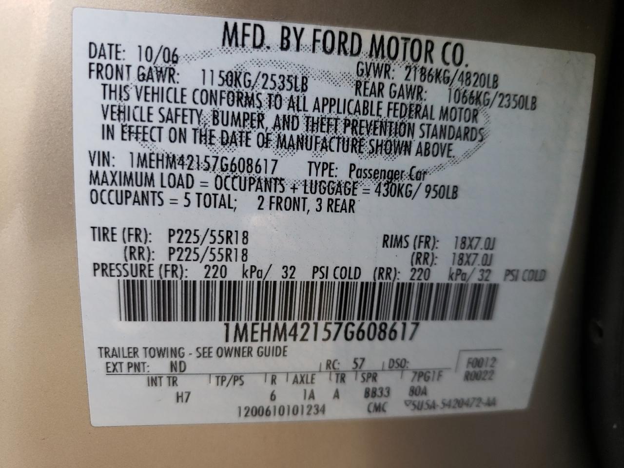 Photo 10 from auction – 2007 MERCURY MONTEGO PR with VIN 1MEHM42157G608617