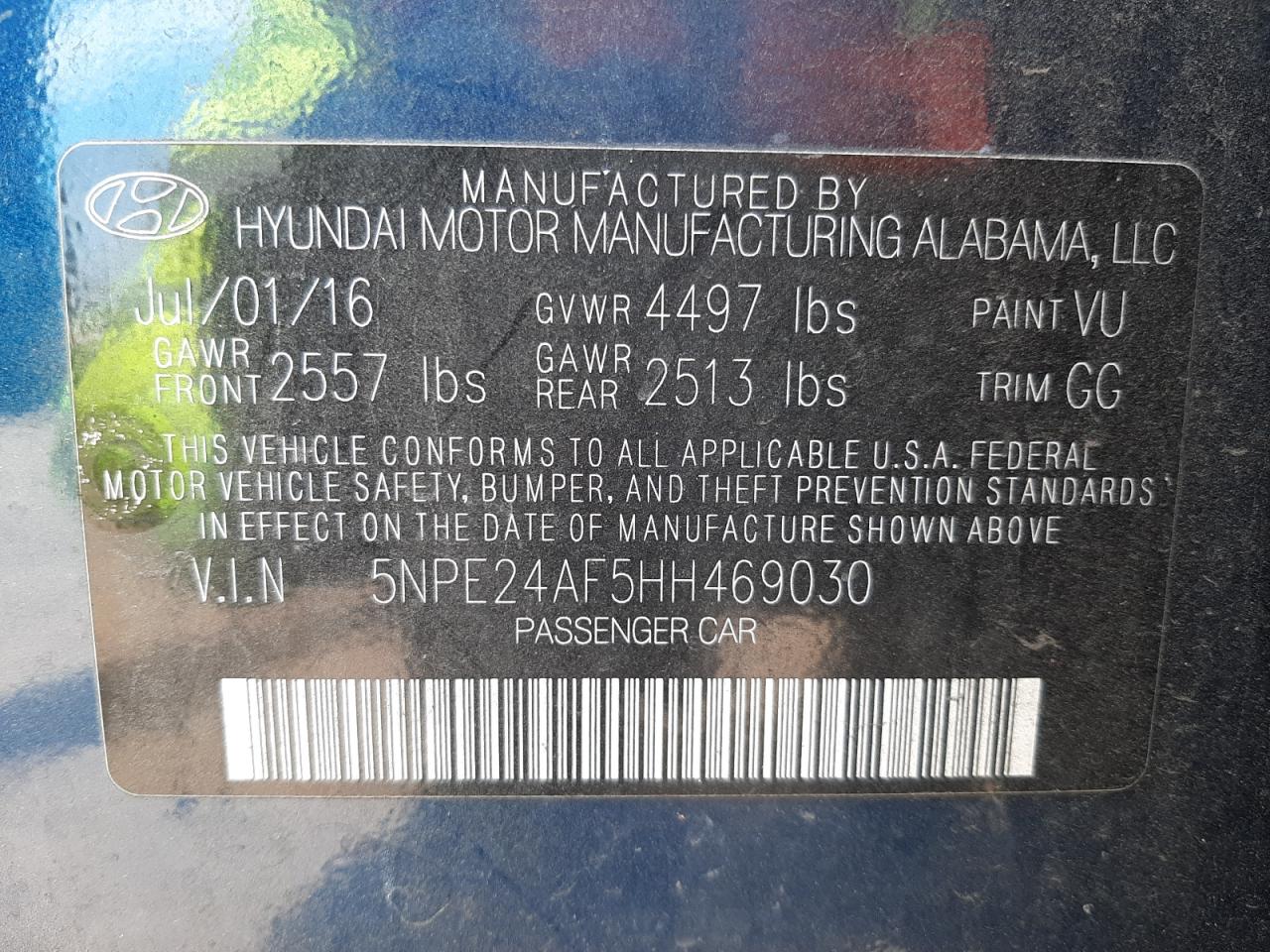 Photo 10 from auction – 2017 HYUNDAI SONATA SE with VIN 5NPE24AF5HH469030