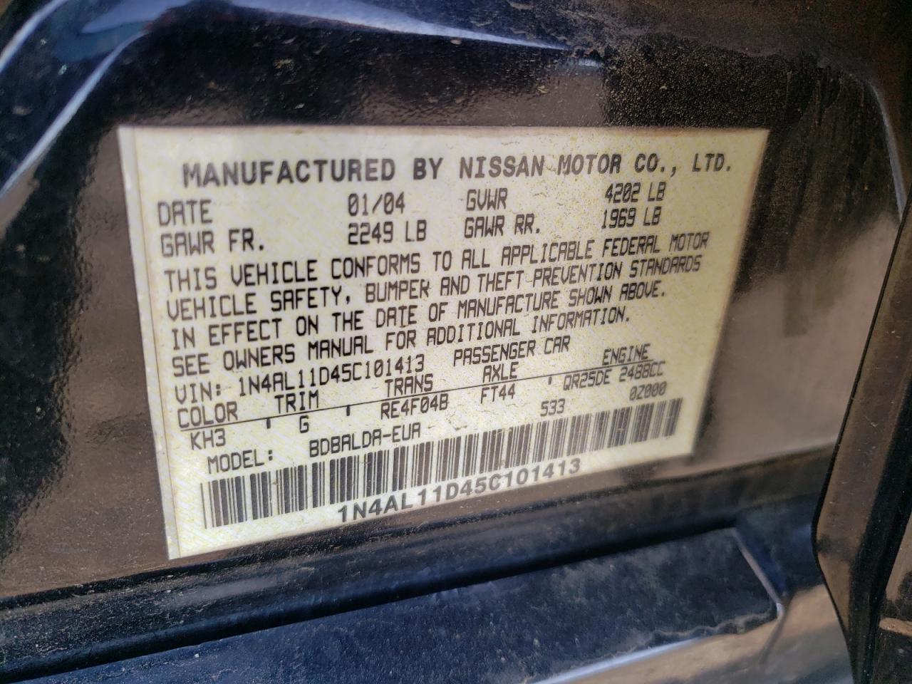Photo 10 from auction – 2005 NISSAN ALTIMA S with VIN 1N4AL11D45C101413