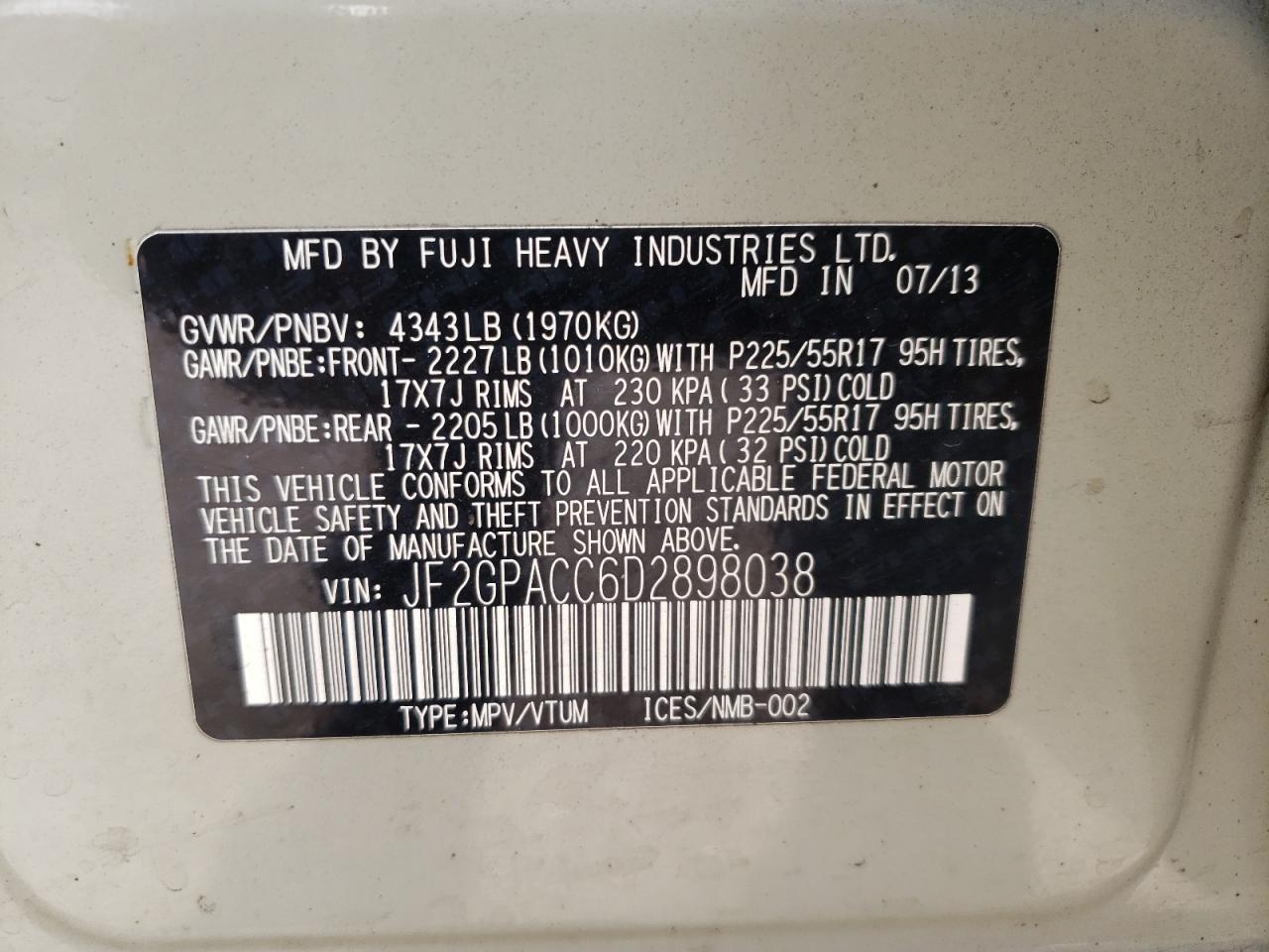 Photo 10 from auction – 2013 SUBARU XV CROSSTR with VIN JF2GPACC6D2898038