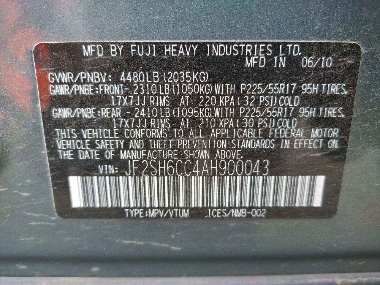 Фото 10 с аукциона – 2010 SUBARU FORESTER 2 с VIN JF2SH6CC4AH900043