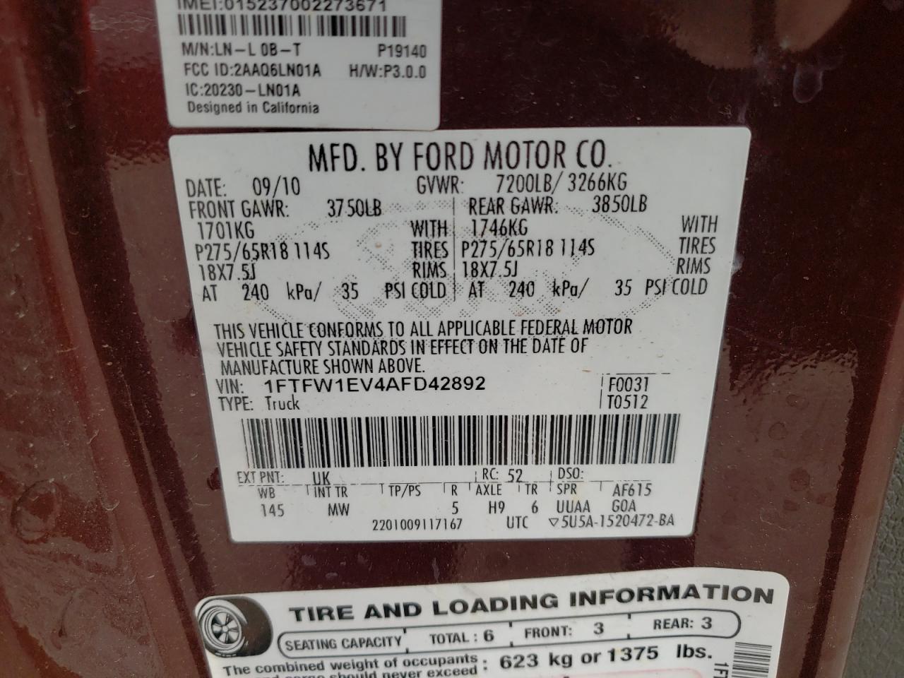 Photo 10 from auction – 2010 FORD F150 SUPER with VIN 1FTFW1EV4AFD42892