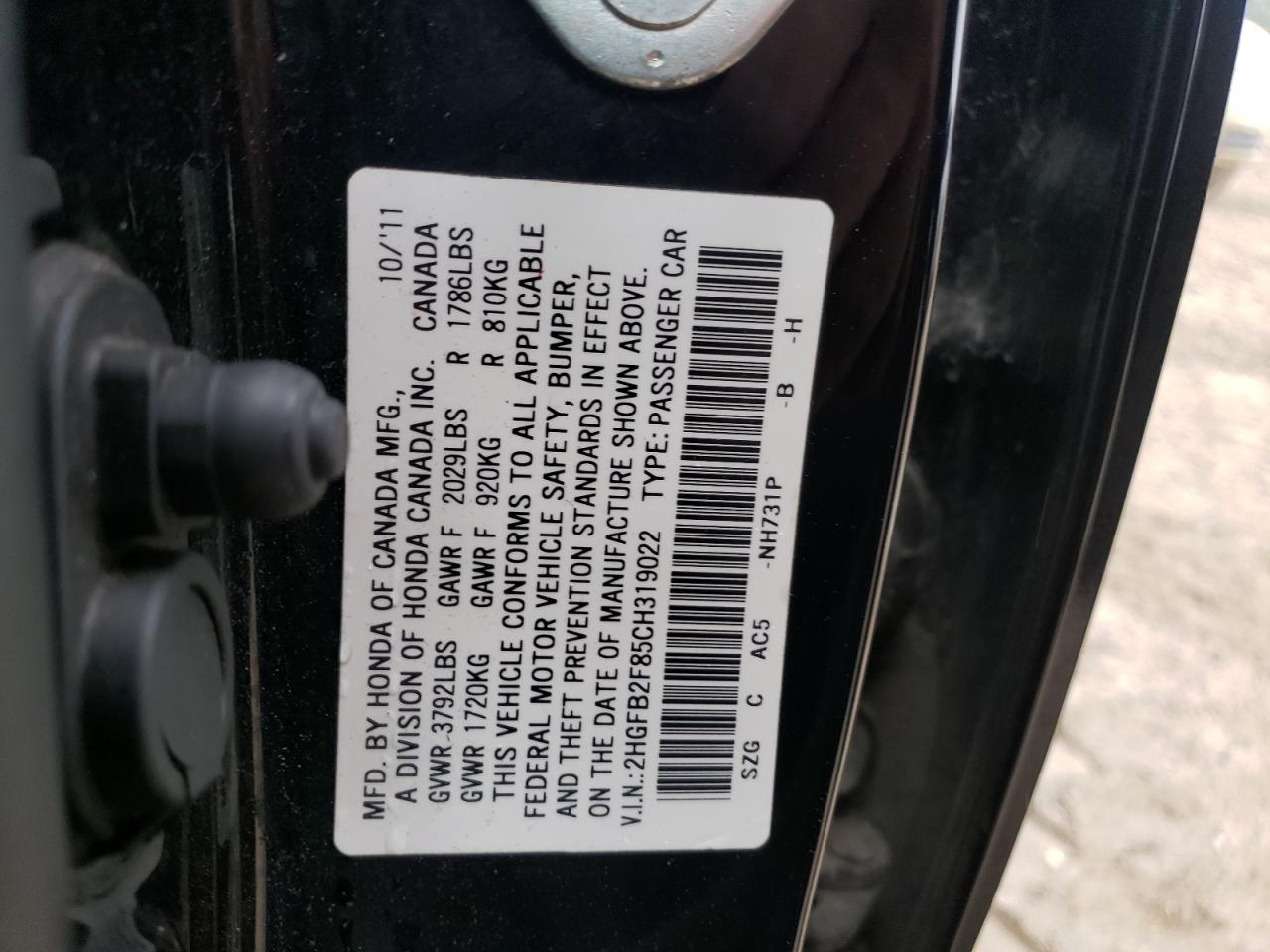 Photo 10 from auction – 2012 HONDA CIVIC EX with VIN 2HGFB2F85CH319022