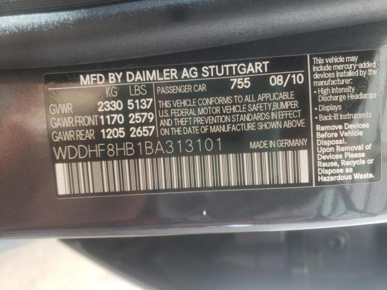 Photo 10 from auction – 2011 MERCEDES-BENZ E 350 4MAT with VIN WDDHF8HB1BA313101