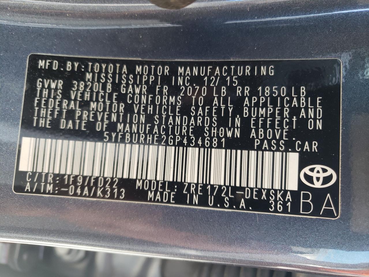 Photo 10 from auction – 2016 TOYOTA COROLLA L with VIN 5YFBURHE2GP434681