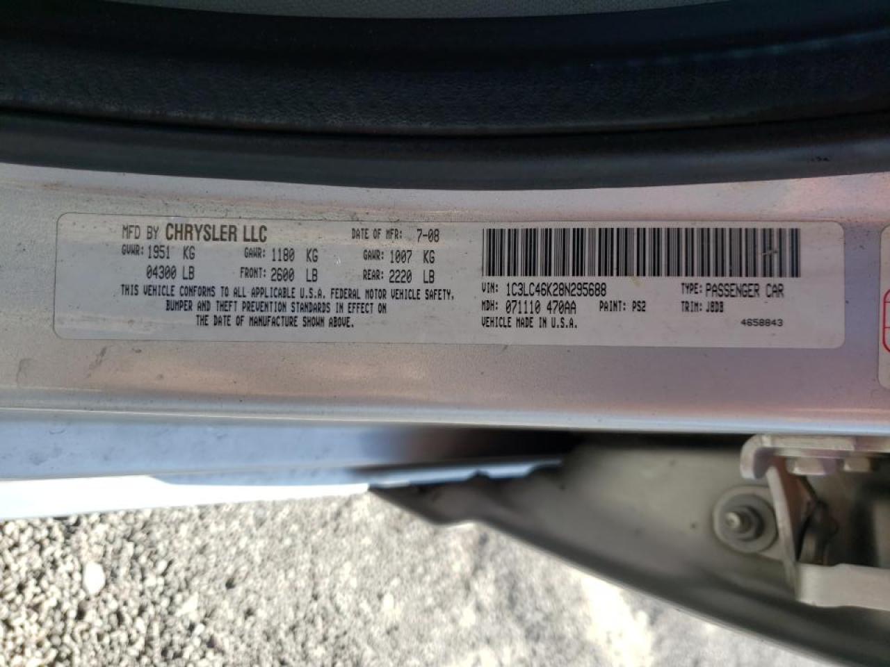 Photo 10 from auction – 2008 CHRYSLER SEBRING LX with VIN 1C3LC46K28N295688