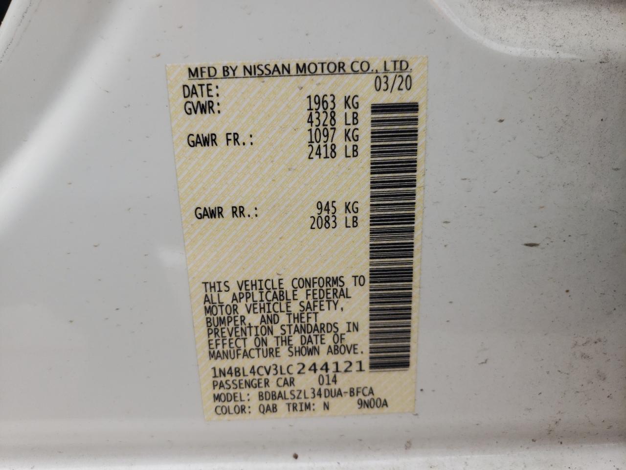 Photo 10 from auction – 2020 NISSAN ALTIMA SR with VIN 1N4BL4CV3LC244121
