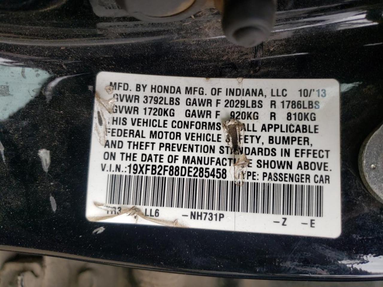 Photo 10 from auction – 2013 HONDA CIVIC EX with VIN 19XFB2F88DE285458
