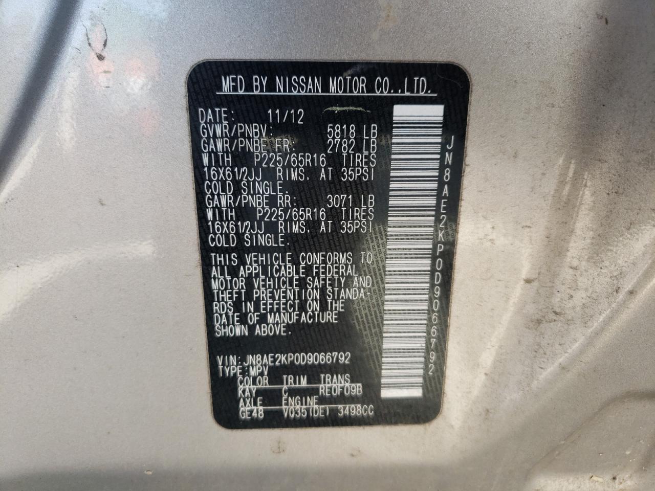 Photo 10 from auction – 2013 NISSAN QUEST S with VIN JN8AE2KP0D9066792