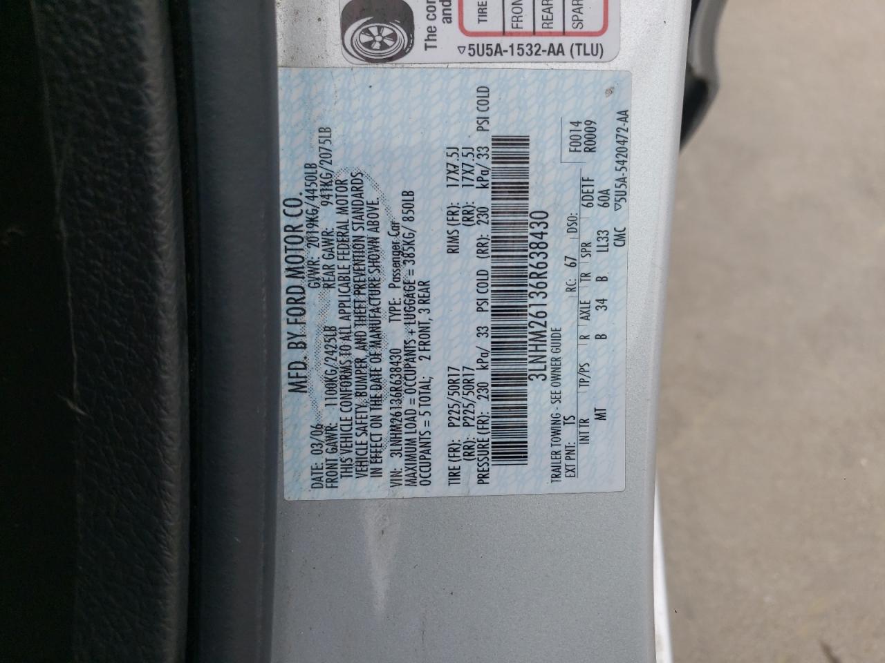 Photo 10 from auction – 2006 LINCOLN ZEPHYR with VIN 3LNHM26136R638430