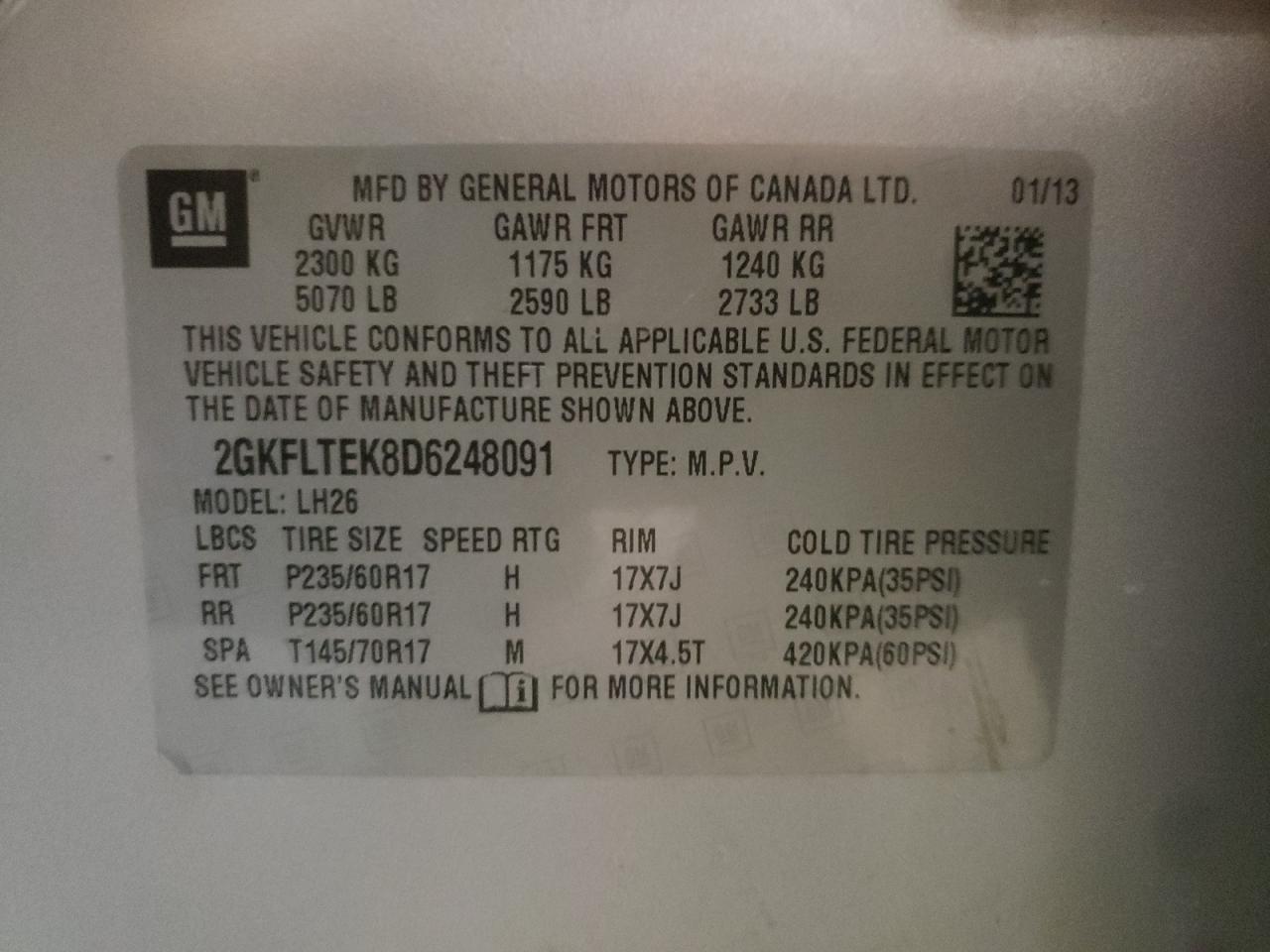 Photo 10 from auction – 2013 GMC TERRAIN SL with VIN 2GKFLTEK8D6248091