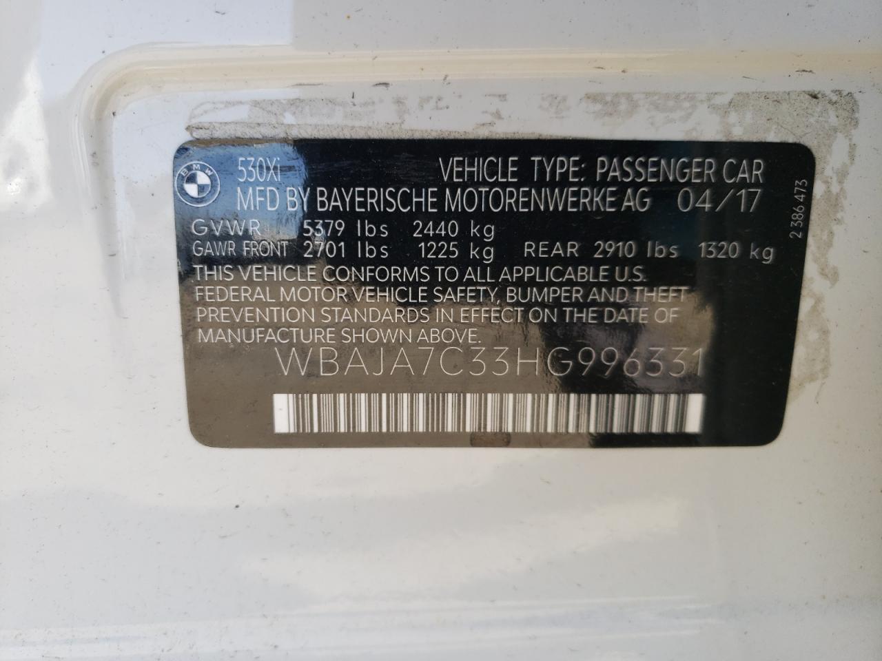 Photo 10 from auction – 2017 BMW 530 XI with VIN WBAJA7C33HG996331