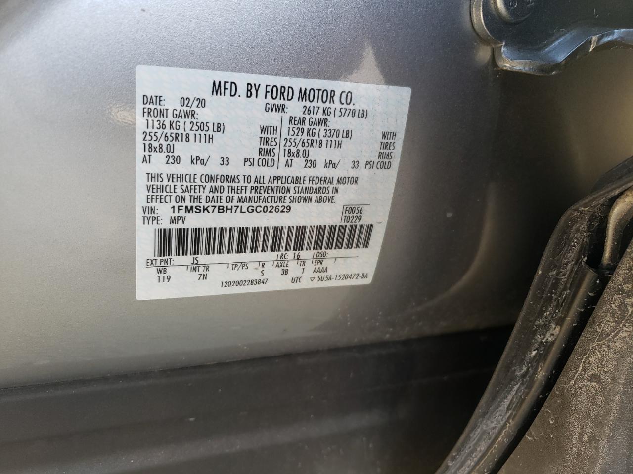 Photo 10 from auction – 2020 FORD EXPLORER with VIN 1FMSK7BH7LGC02629