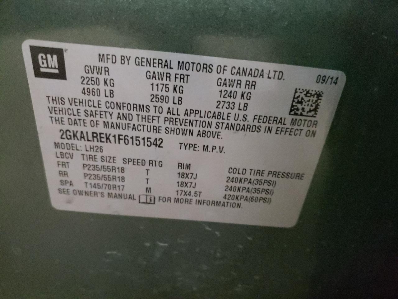 Photo 10 from auction – 2015 GMC TERRAIN SL with VIN 2GKALREK1F6151542