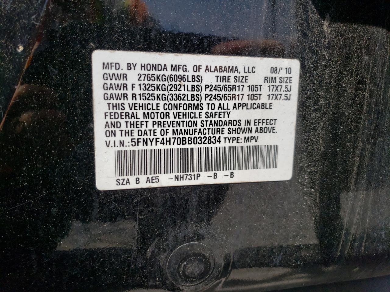 Photo 10 from auction – 2011 HONDA PILOT EXLN with VIN 5FNYF4H70BB032834