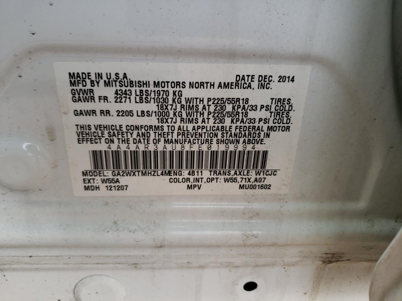 Photo 10 from auction – 2015 MITSUBISHI OUTLANDER with VIN 4A4AR3AU8FE019994