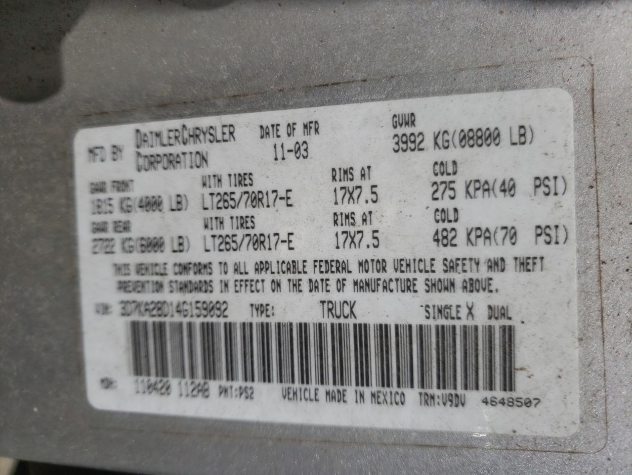 Photo 10 from auction – 2004 DODGE RAM 2500 S with VIN 3D7KA28D14G159092