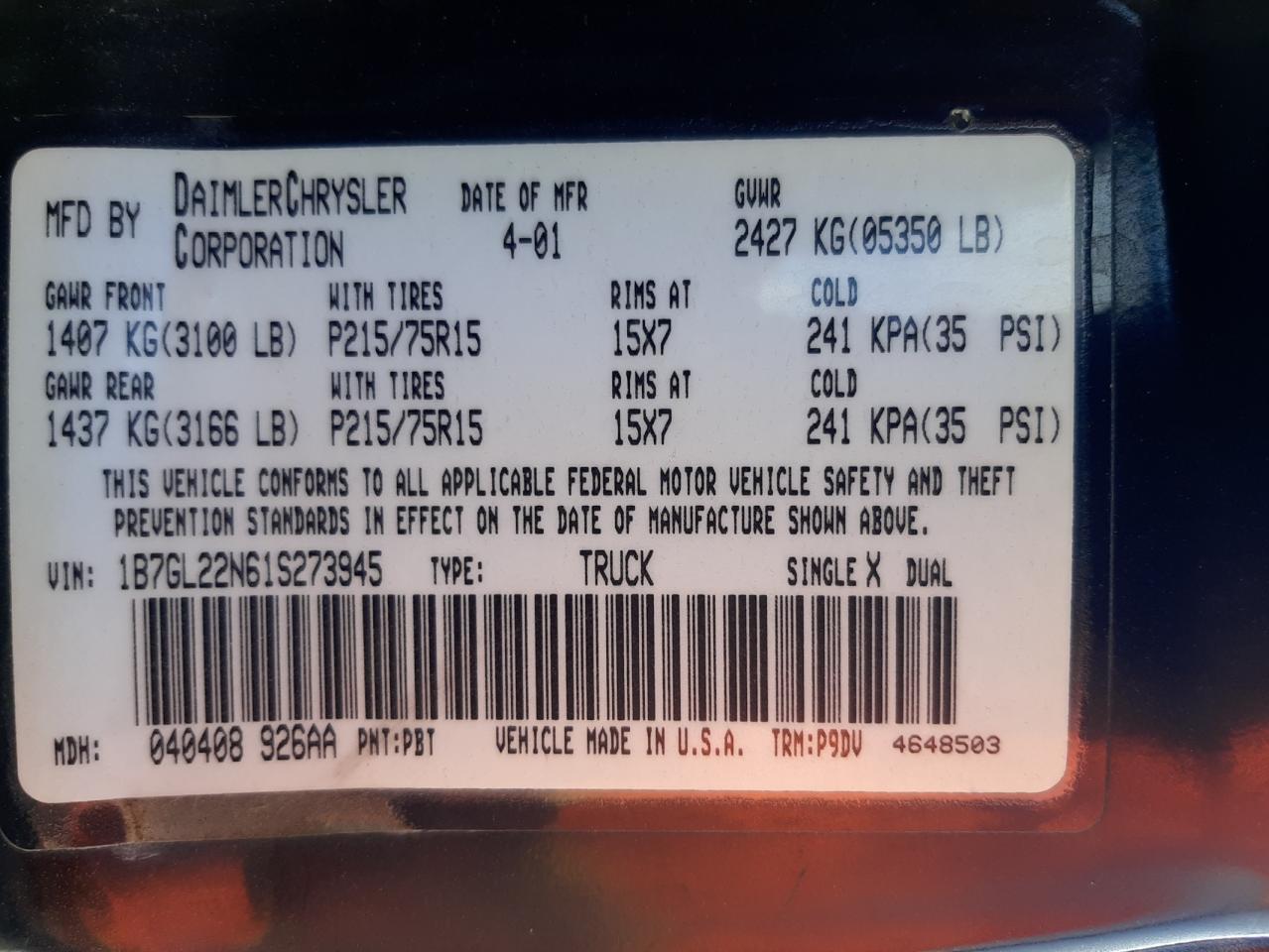 Photo 10 from auction – 2001 DODGE DAKOTA with VIN 1B7GL22N61S273945