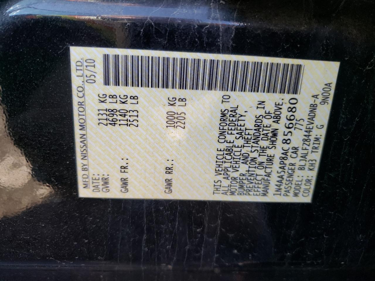 Photo 10 from auction – 2010 NISSAN MAXIMA S with VIN 1N4AA5AP8AC856680