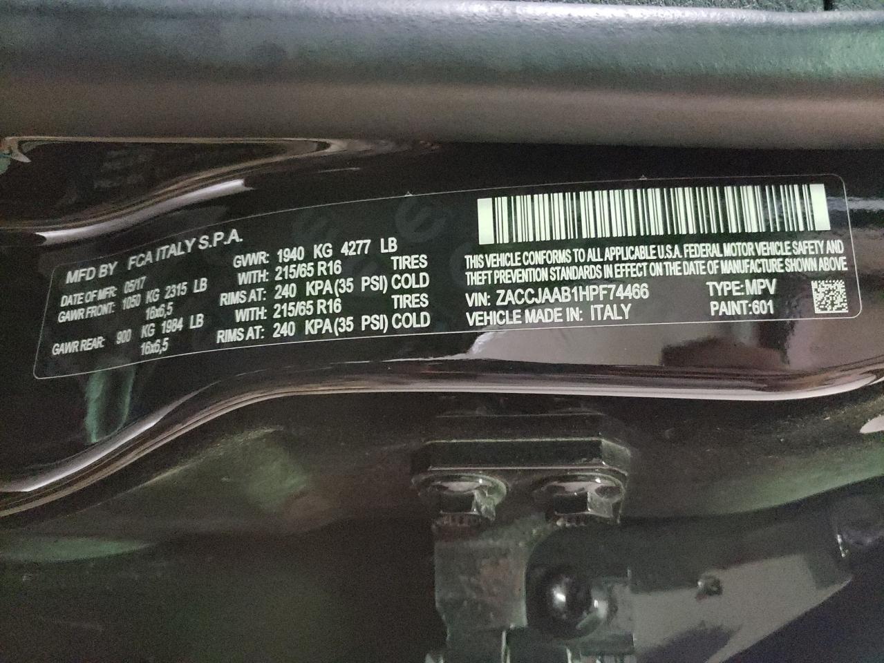Photo 10 from auction – 2017 JEEP RENEGADE S with VIN ZACCJAAB1HPF74466