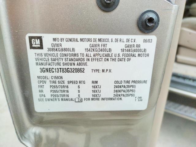 Photo 10 from auction – 2003 CHEVROLET AVALANCHE with VIN 3GNEC13T83G320862