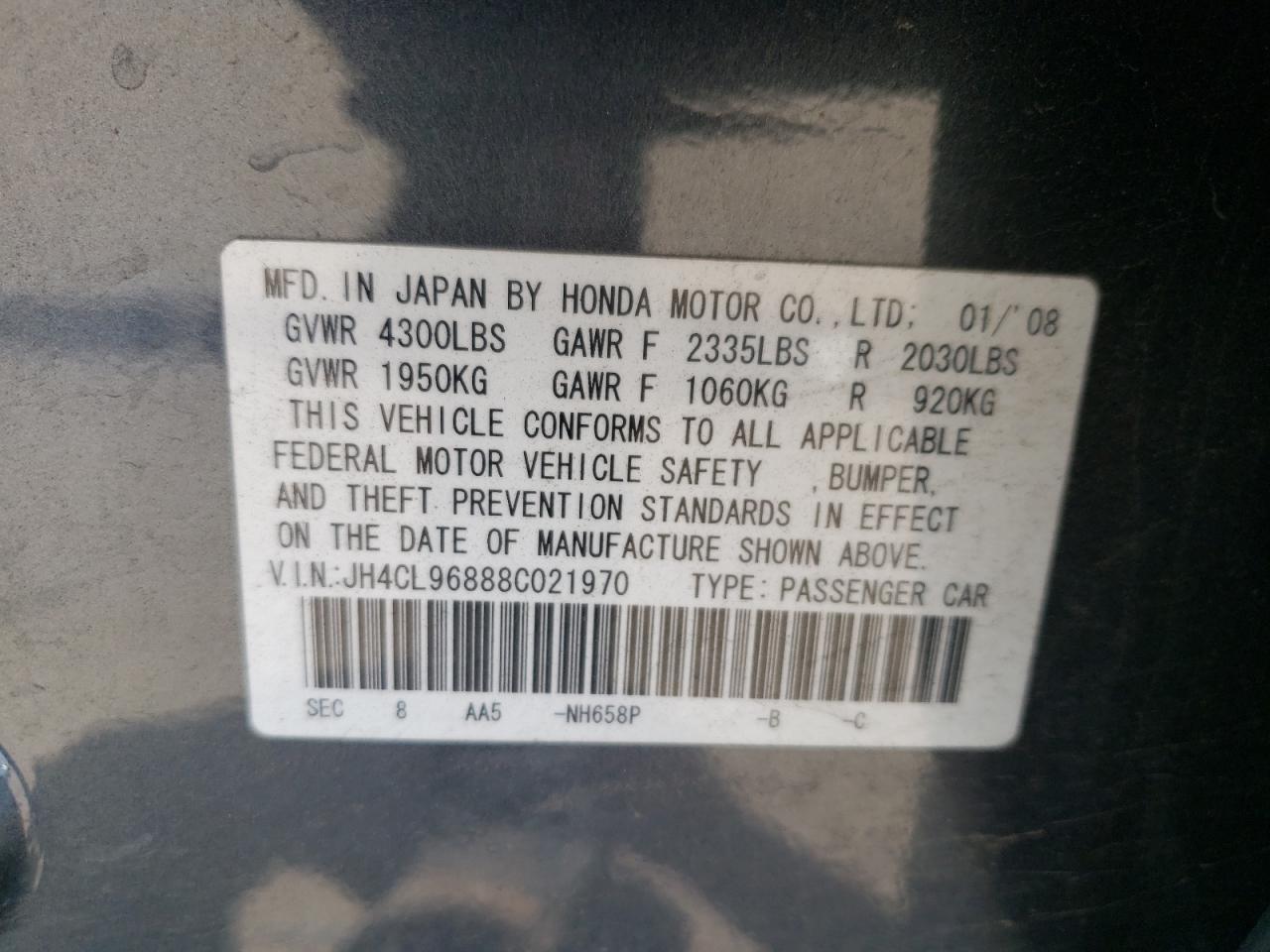 Photo 10 from auction – 2008 ACURA TSX with VIN JH4CL96888C021970