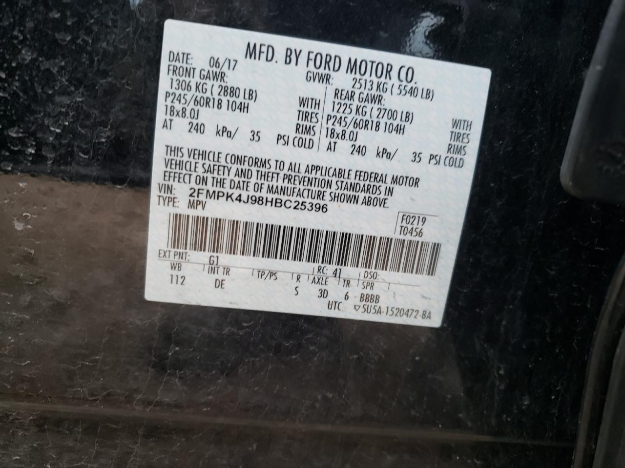 Photo 10 from auction – 2017 FORD EDGE SEL with VIN 2FMPK4J98HBC25396