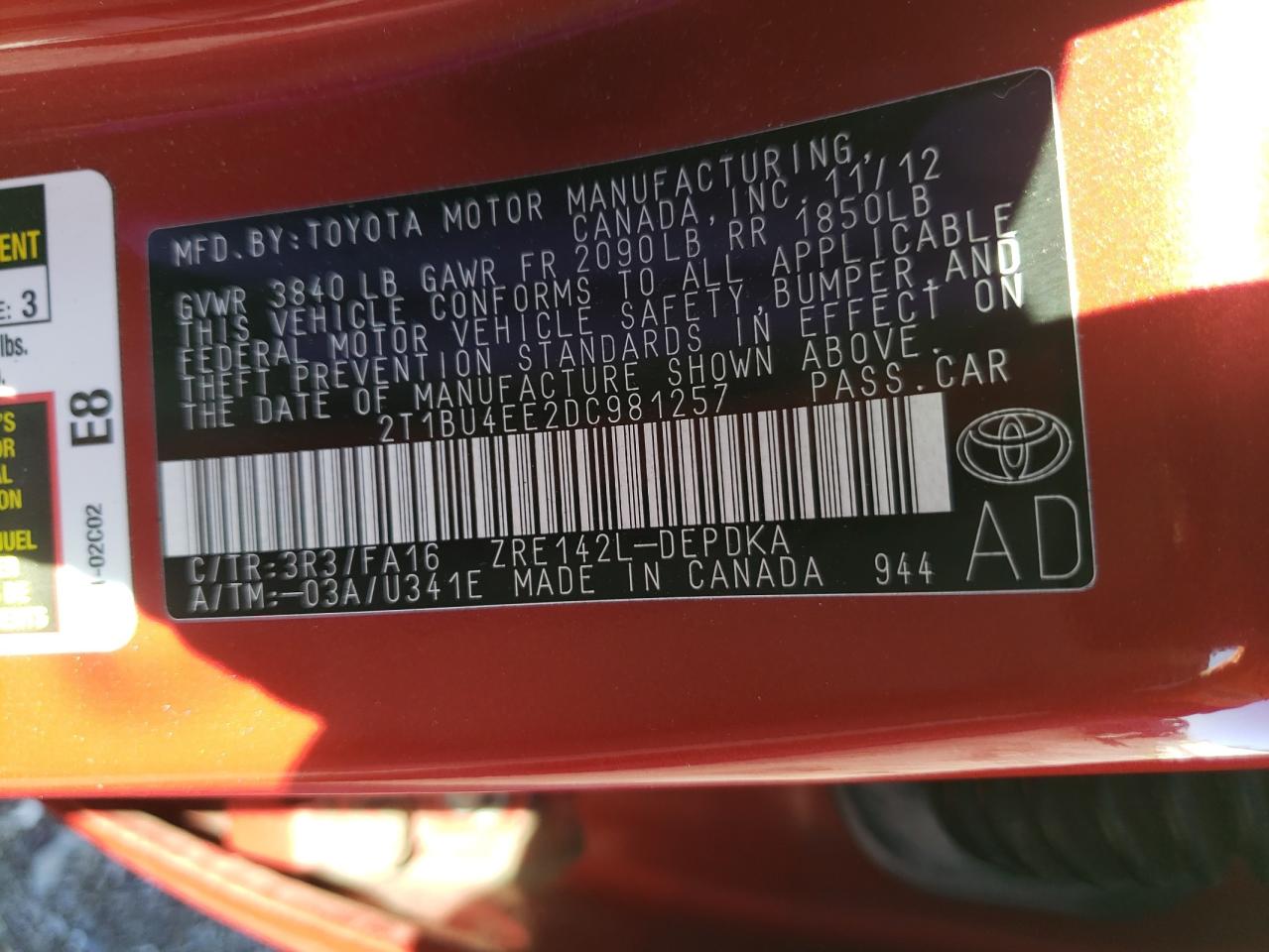 Photo 10 from auction – 2013 TOYOTA COROLLA with VIN 2T1BU4EE2DC981257
