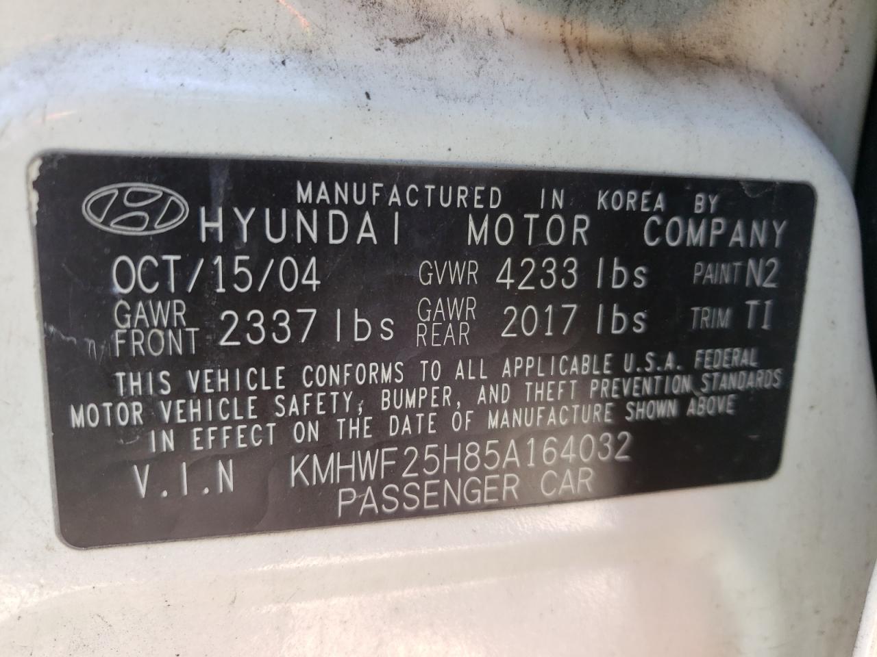Photo 10 from auction – 2005 HYUNDAI SONATA GL with VIN KMHWF25H85A164032