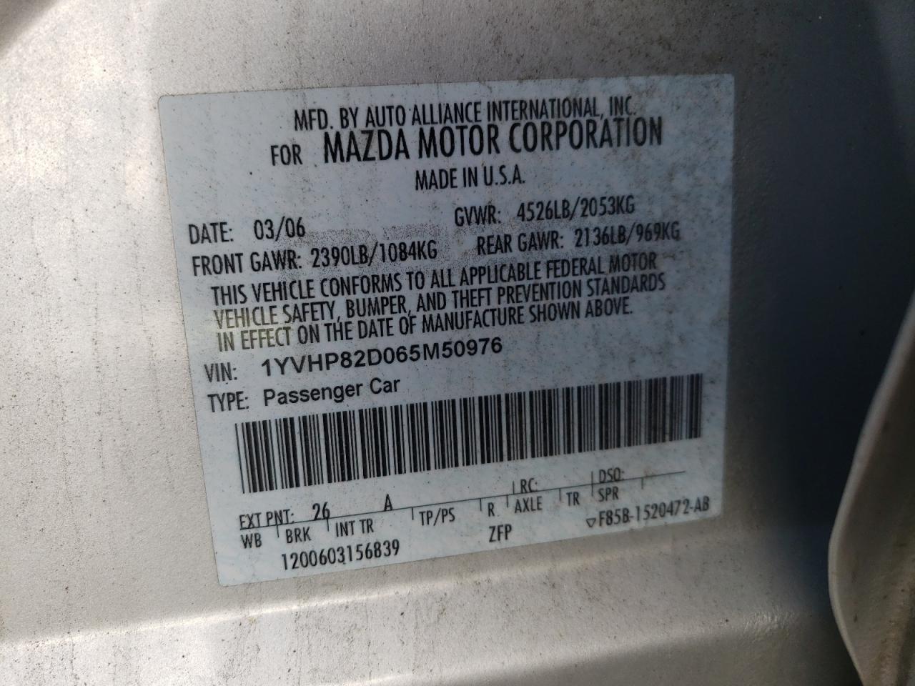 Photo 10 from auction – 2006 MAZDA 6 S with VIN 1YVHP82D065M50976