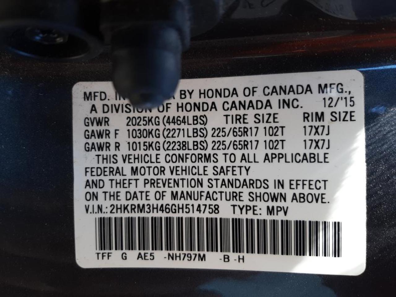 Photo 10 from auction – 2016 HONDA CR-V SE with VIN 2HKRM3H46GH514758
